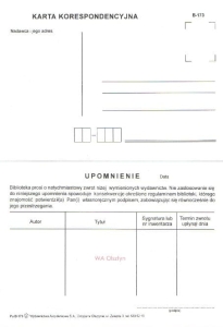 B-173 Upomnienie, wezwanie do zwrotu, karton,