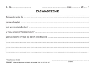 EDU-VII/7 Zaświadczenie dla ucznia, studenta