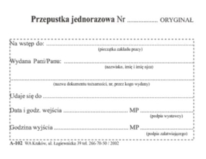 A-102 Przepustka jednoosobowa jednorazowa,